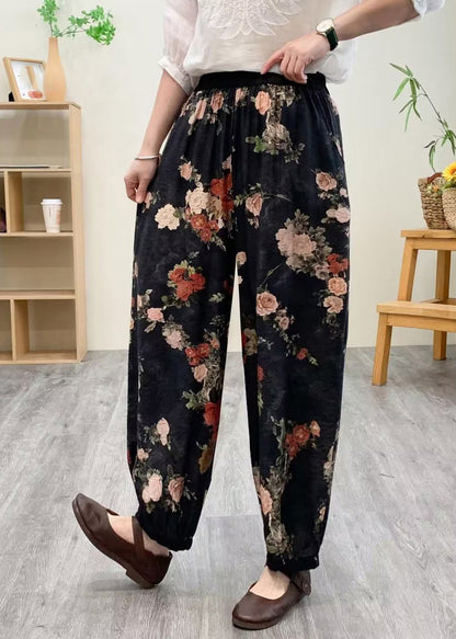 Black Print Silk Linen Lantern Pants Summer Tq1021