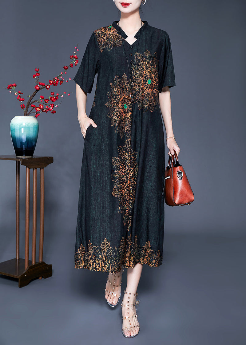 Black Print Silk Long Dress Oversized Pocket Summer Ly0927