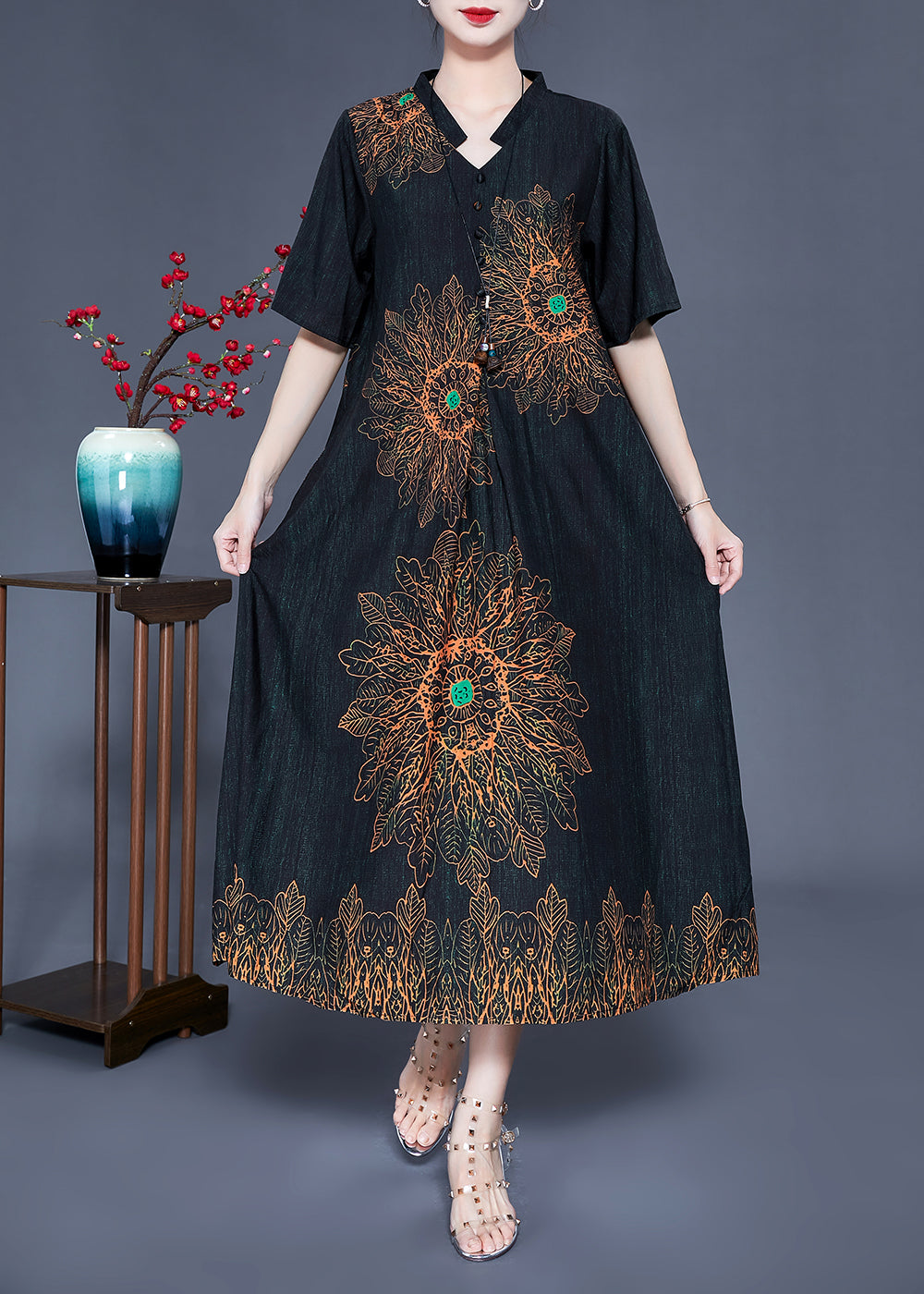 Black Print Silk Long Dress Oversized Pocket Summer Ly0927
