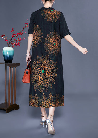 Black Print Silk Long Dress Oversized Pocket Summer Ly0927
