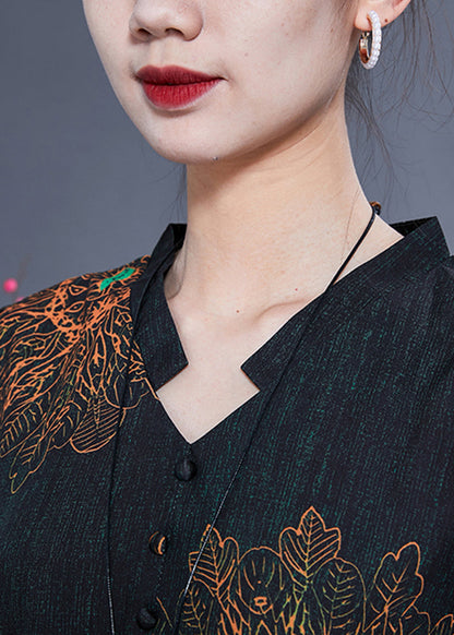 Black Print Silk Long Dress Oversized Pocket Summer Ly0927