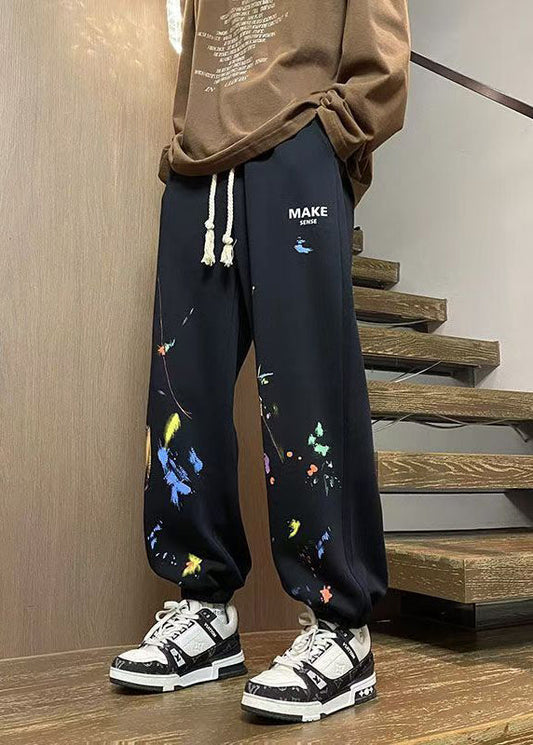 Black Print Warm Fleece Winter Beam Pants Elastic Waist Wa061