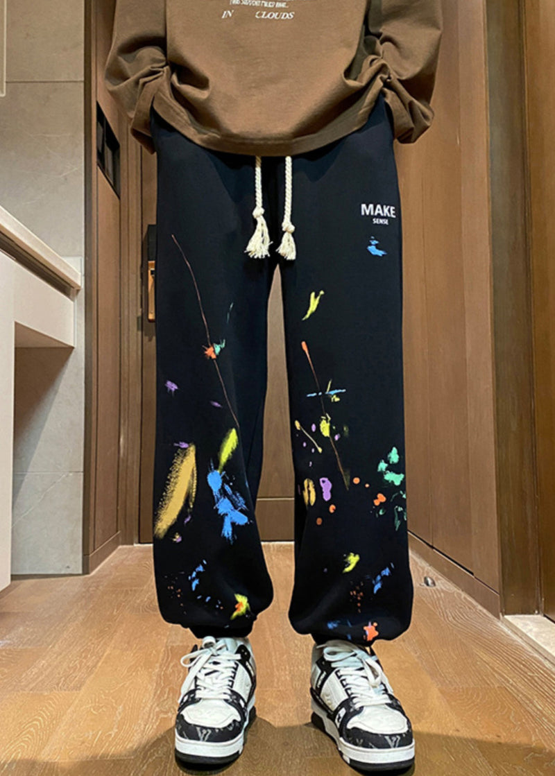 Black Print Warm Fleece Winter Beam Pants Elastic Waist Wa061