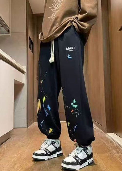 Black Print Warm Fleece Winter Beam Pants Elastic Waist Wa061