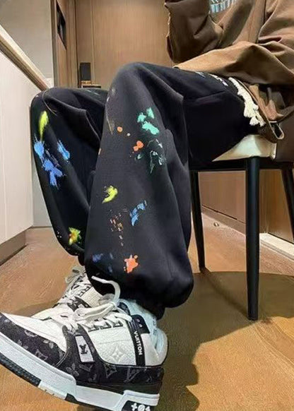 Black Print Warm Fleece Winter Beam Pants Elastic Waist Wa061