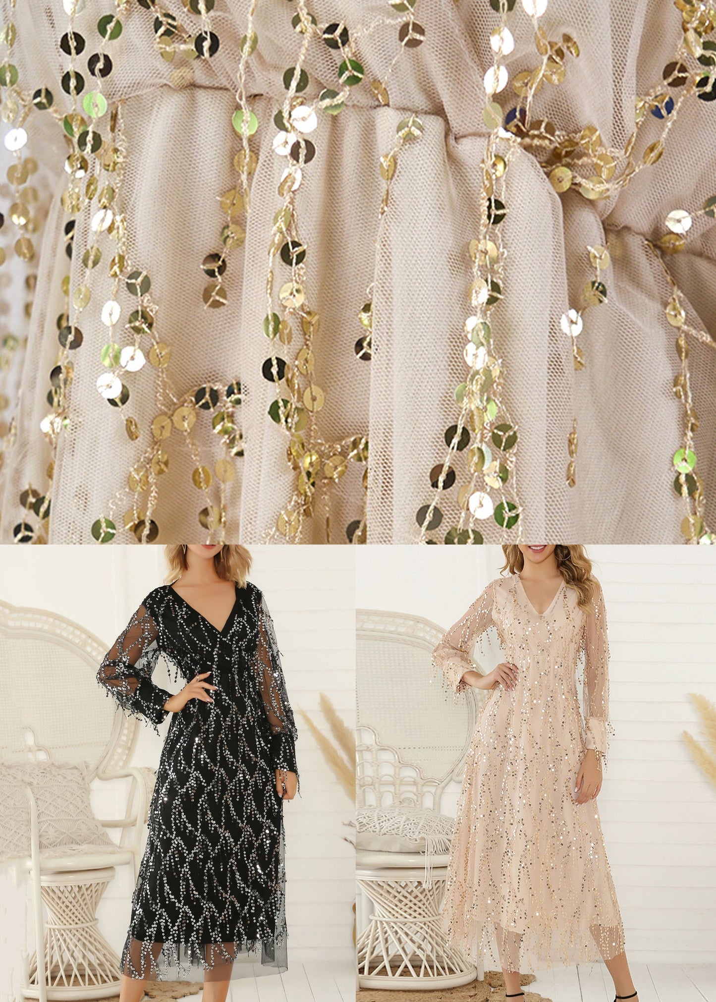 Black Sequins Lace Up Tulle Long Dress V Neck Spring Tl028