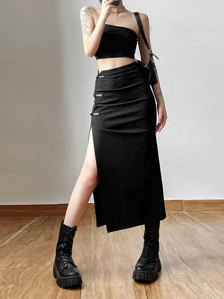 Black Split Simple All-match Hot Street Outing Cool Mature Vitality Personality Trend Basic ’s Skirt