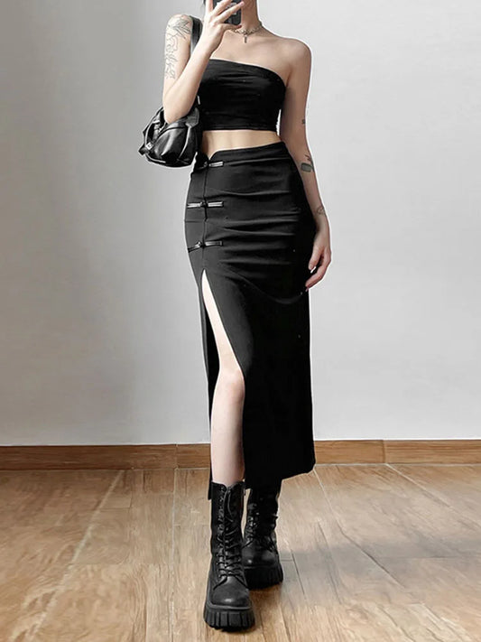 Black Split Simple All-match Hot Street Outing Cool Mature Vitality Personality Trend Basic ’s Skirt
