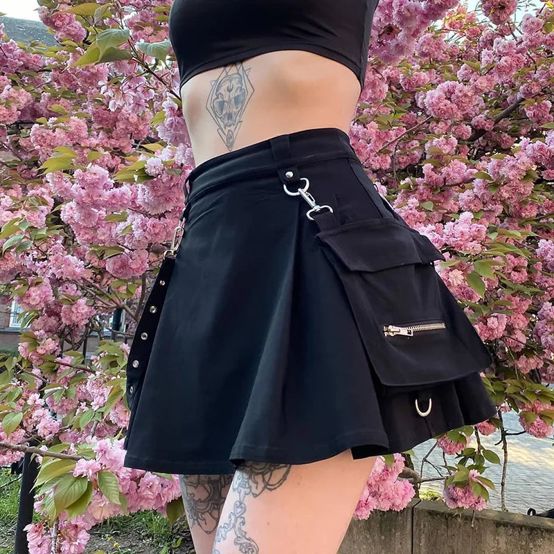 Black Harajuku Gothic High Waist Patchwork Bandage Mini Skirt