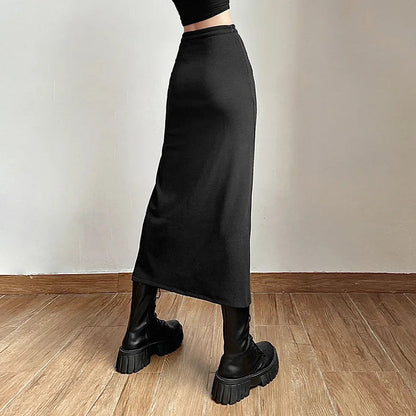 Black A-line Slits High Waist Slim Hip-covering Mid-length Long Skirt
