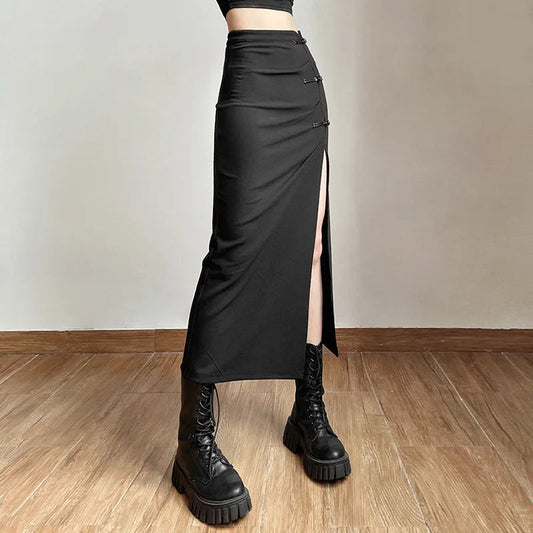 Black A-line Slits High Waist Slim Hip-covering Mid-length Long Skirt