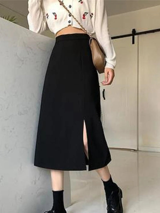 Dressbetty - Black Mid-calf College A-line High Waist Female Skirt