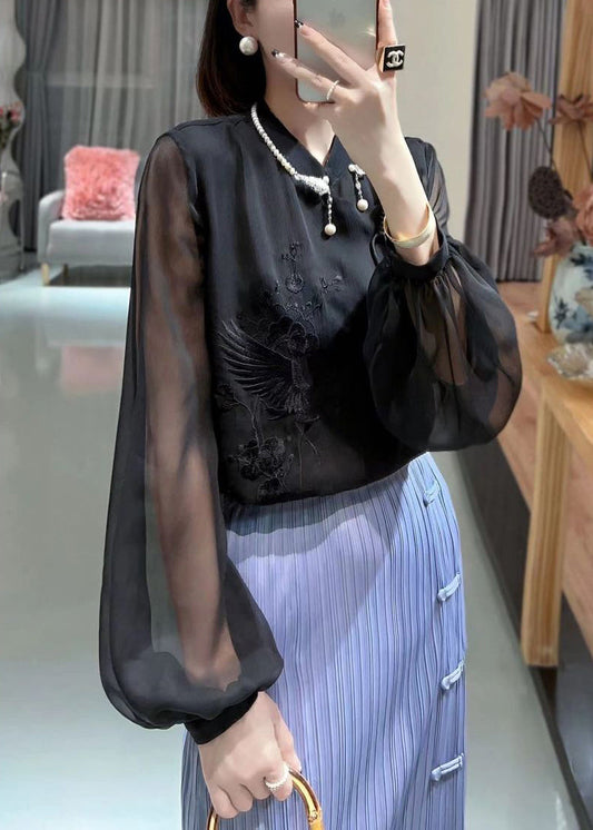 Black Button Chiffon Blouses Stand Collar Lantern Sleeve Qa1049