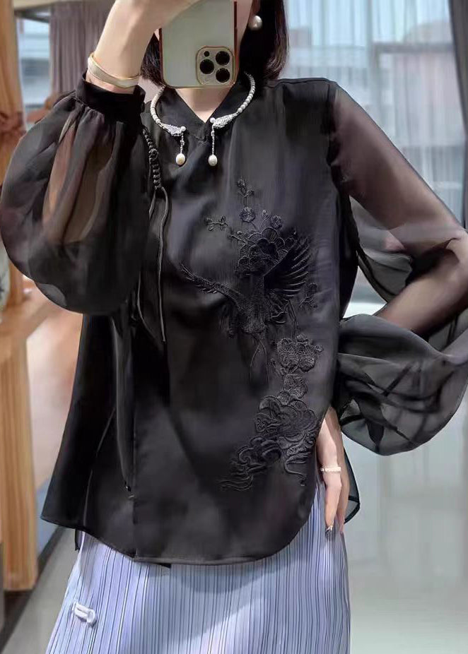 Black Button Chiffon Blouses Stand Collar Lantern Sleeve Qa1049