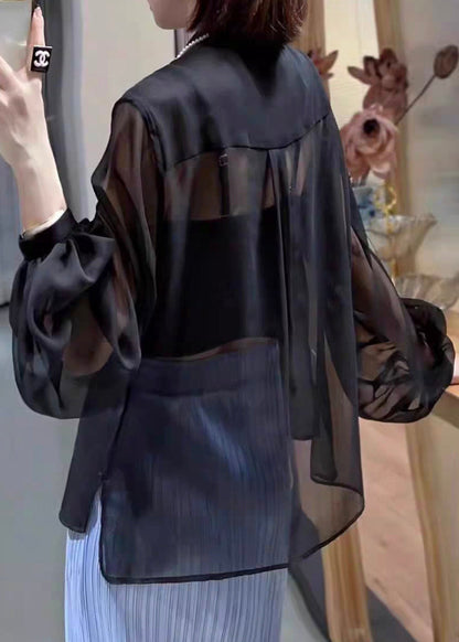 Black Button Chiffon Blouses Stand Collar Lantern Sleeve Qa1049