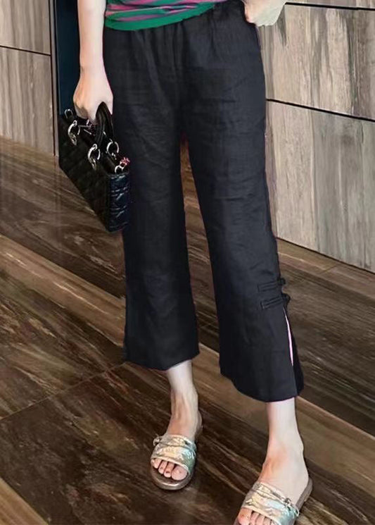 Black Cotton Summer Crop Pants High Waist Re012