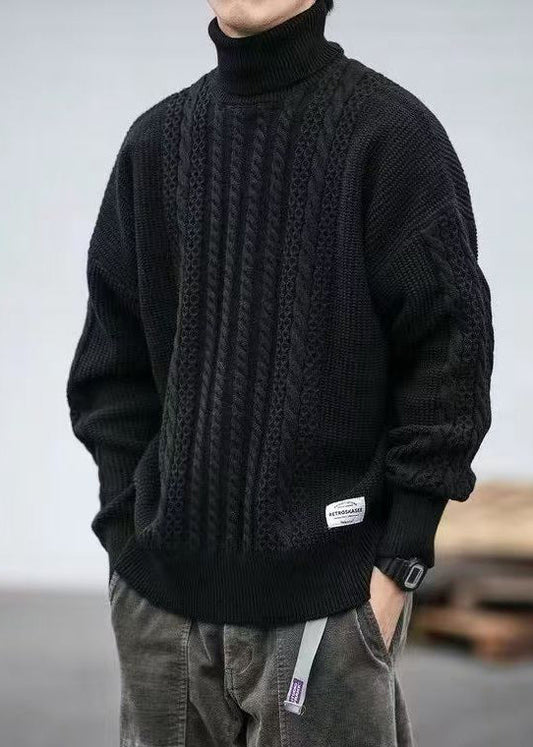 Black Cozy Cable Knit Sweaters Turtleneck Winter Rj038