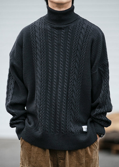 Black Cozy Cable Knit Sweaters Turtleneck Winter Rj038