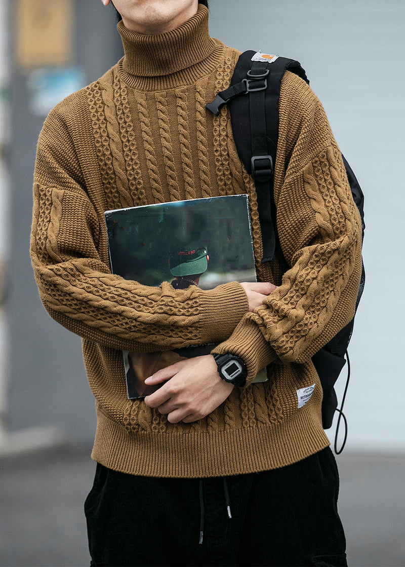 Black Cozy Cable Knit Sweaters Turtleneck Winter Rj038