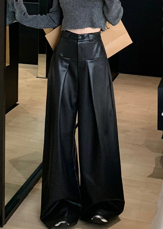 Black Faux Leather Wide Leg Pants High Waist Pp032
