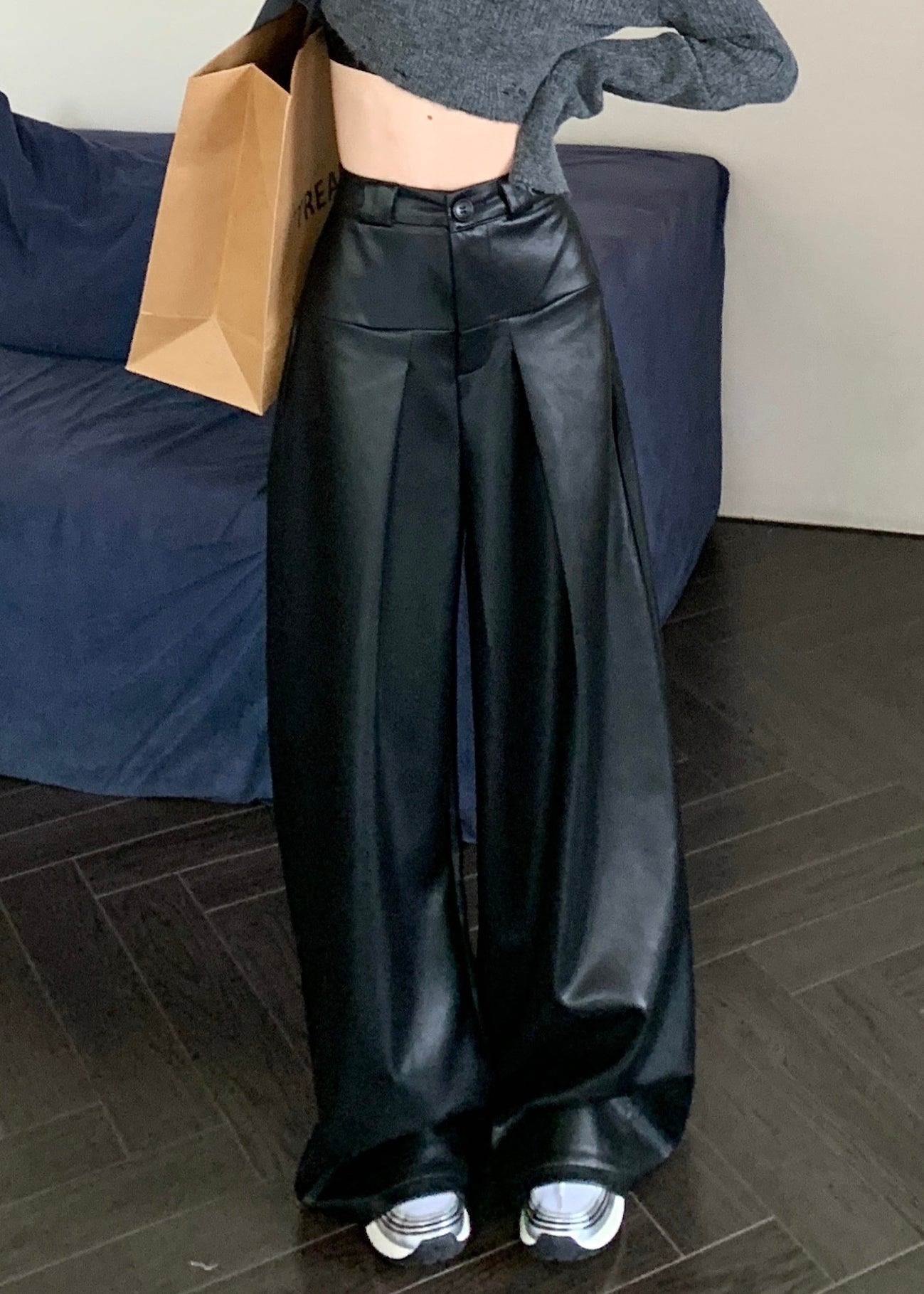 Black Faux Leather Wide Leg Pants High Waist Pp032