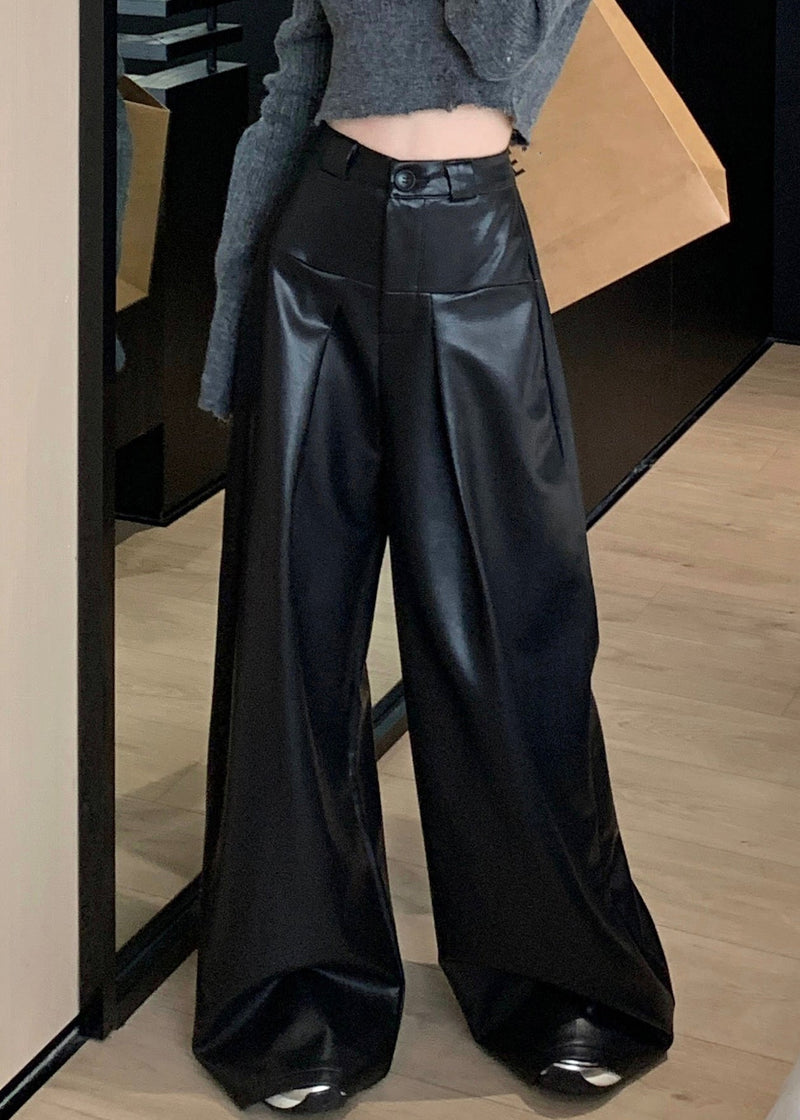 Black Faux Leather Wide Leg Pants High Waist Pp032