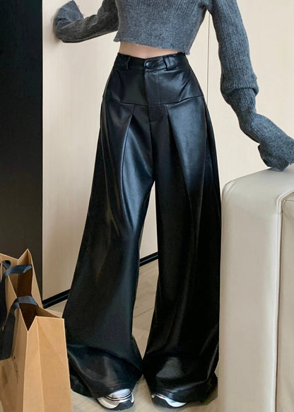 Black Faux Leather Wide Leg Pants High Waist Pp032