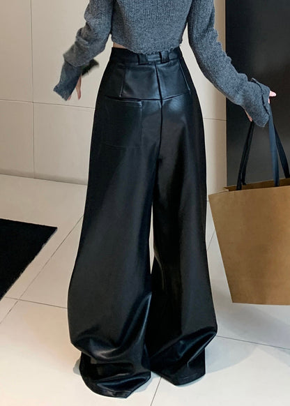 Black Faux Leather Wide Leg Pants High Waist Pp032