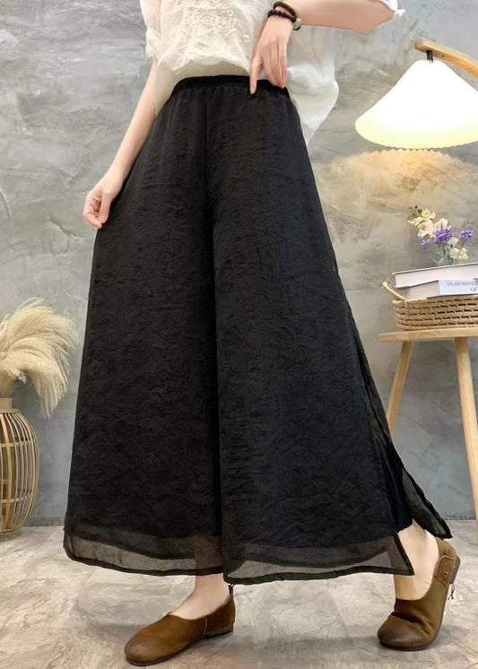 Black Linen Summer Wide Leg Pants High Waist Au1069
