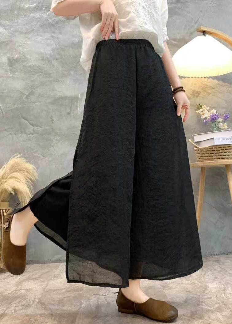 Black Linen Summer Wide Leg Pants High Waist Au1069