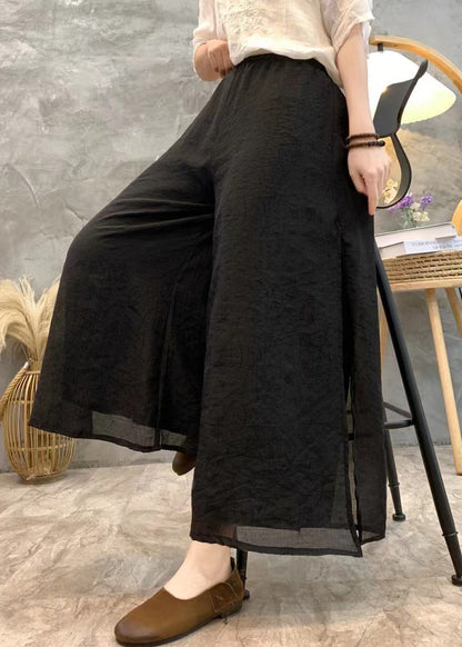 Black Linen Summer Wide Leg Pants High Waist Au1069