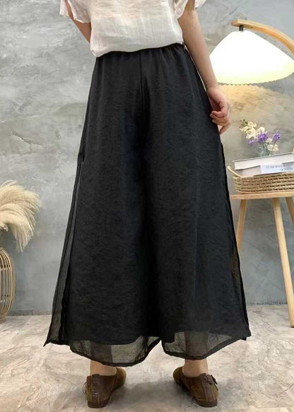 Black Linen Summer Wide Leg Pants High Waist Au1069