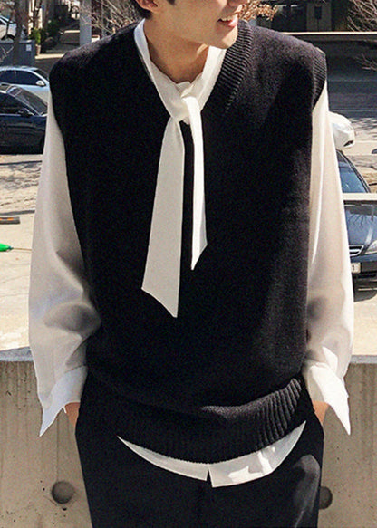 Black Loose Knit Waistcoat V Neck Fall Rj025