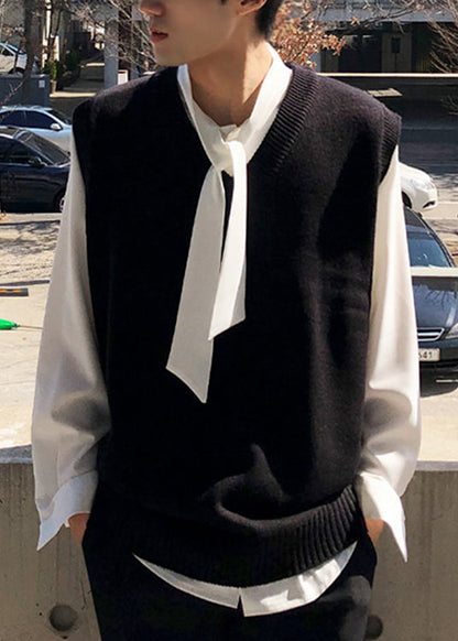 Black Loose Knit Waistcoat V Neck Fall Rj025