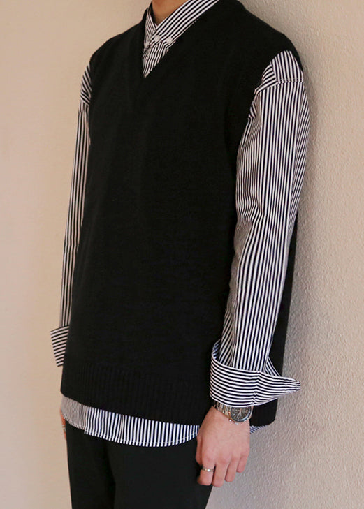 Black Loose Knit Waistcoat V Neck Fall Rj025