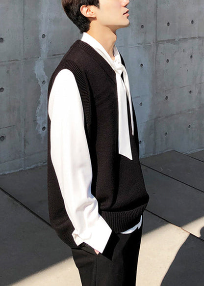 Black Loose Knit Waistcoat V Neck Fall Rj025