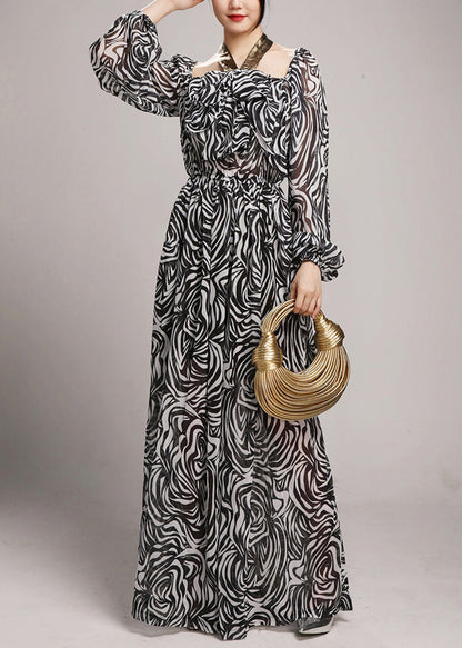 Black Square Collar Tie Lace Chiffon Jumpsuits Fall Ay1049