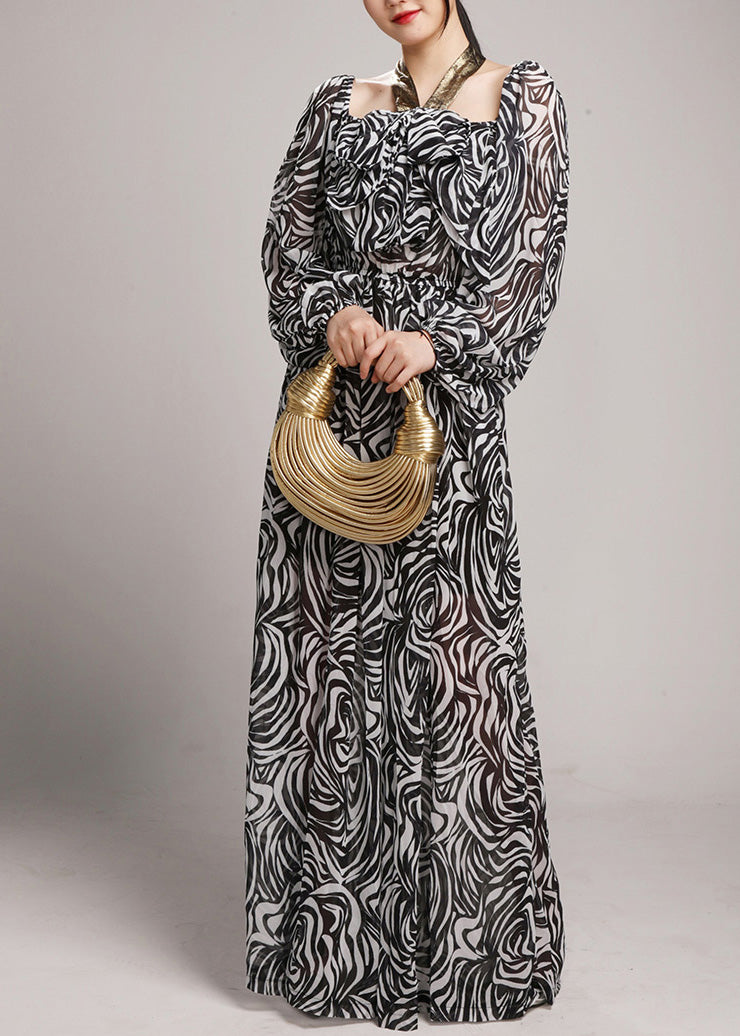 Black Square Collar Tie Lace Chiffon Jumpsuits Fall Ay1049