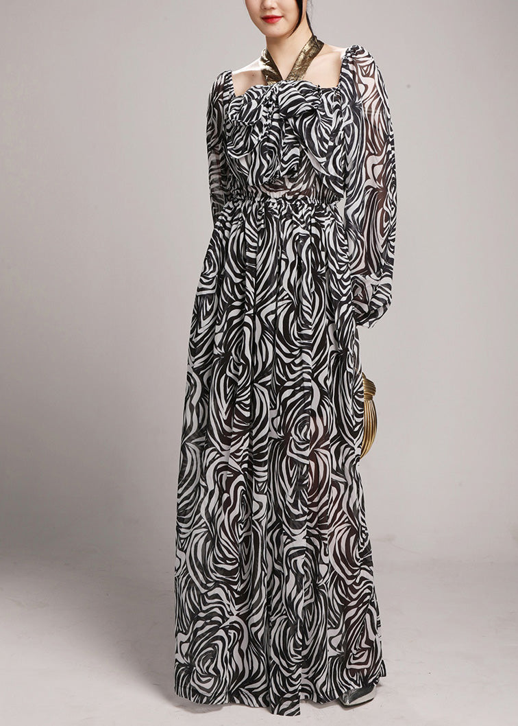 Black Square Collar Tie Lace Chiffon Jumpsuits Fall Ay1049