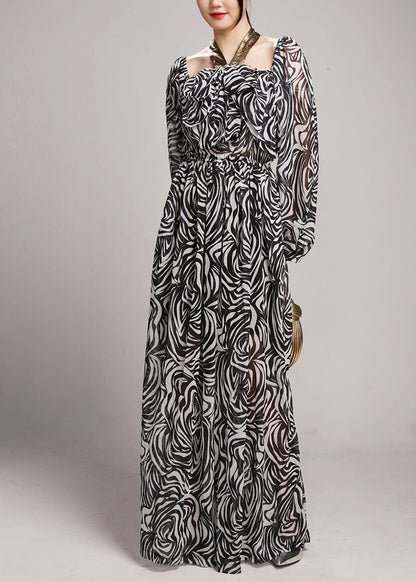 Black Square Collar Tie Lace Chiffon Jumpsuits Fall Ay1049