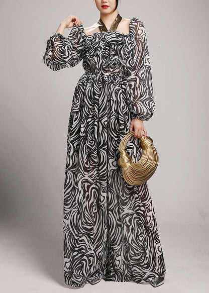 Black Square Collar Tie Lace Chiffon Jumpsuits Fall Ay1049