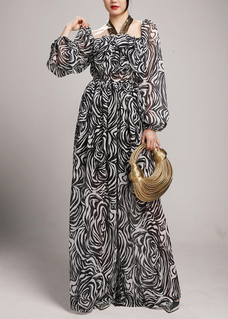 Black Square Collar Tie Lace Chiffon Jumpsuits Fall Ay1049