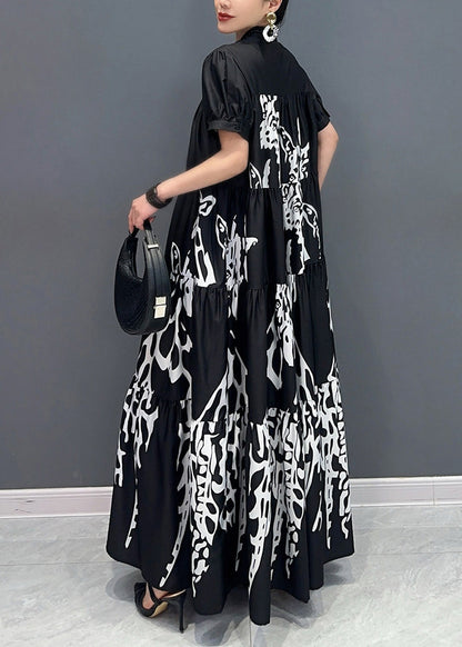 Black Stand Collar Button Maxi Dress Short Sleeve Ay1050