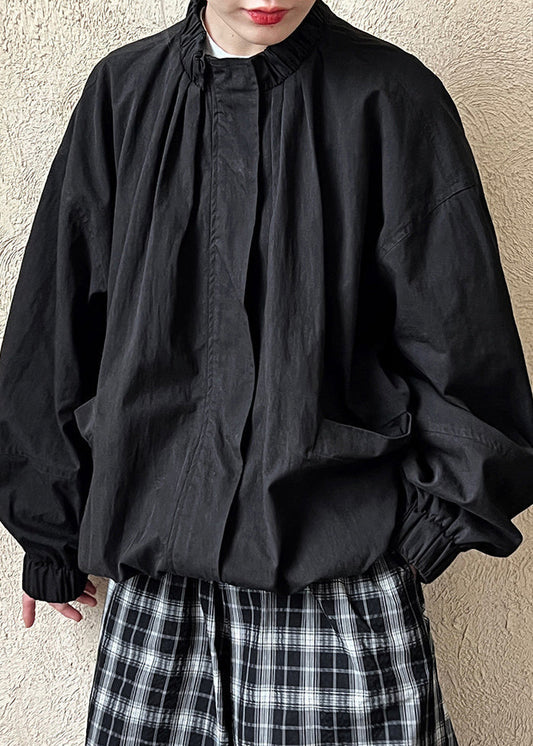 Black Stand Collar Wrinkled Coat Fall Qe075