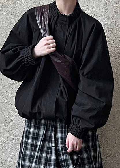 Black Stand Collar Wrinkled Coat Fall Qe075
