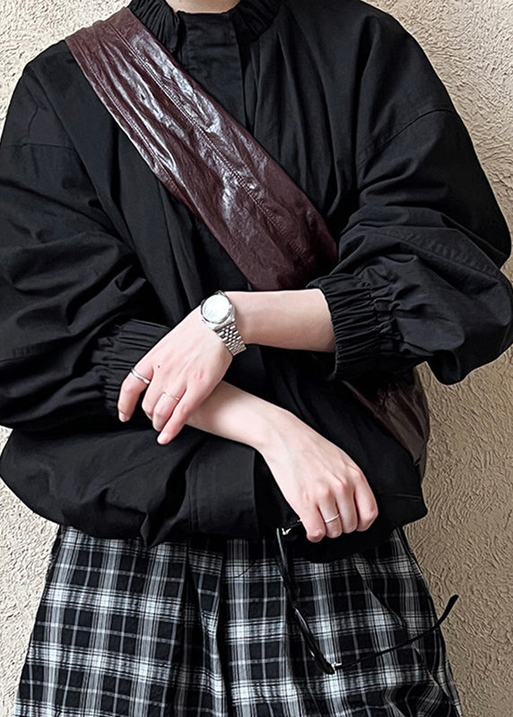 Black Stand Collar Wrinkled Coat Fall Qe075