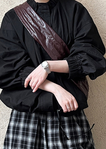 Black Stand Collar Wrinkled Coat Fall Qe075