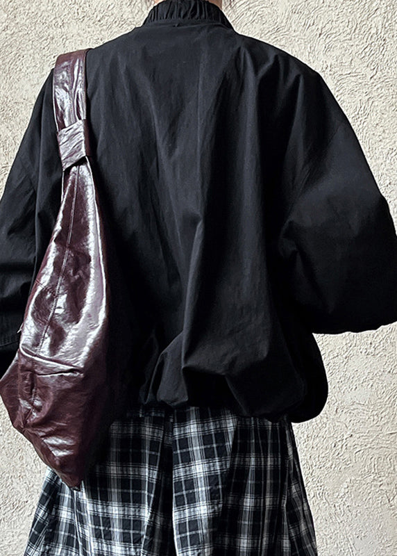 Black Stand Collar Wrinkled Coat Fall Qe075