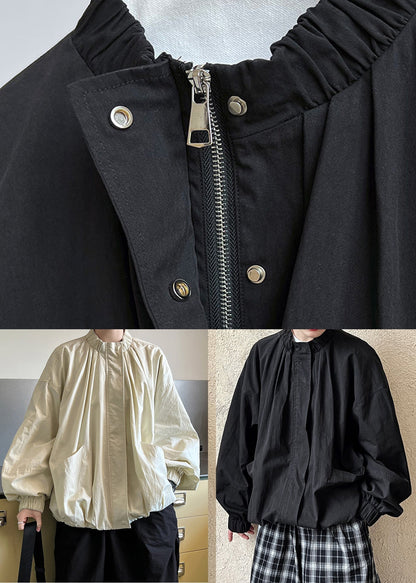 Black Stand Collar Wrinkled Coat Fall Qe075