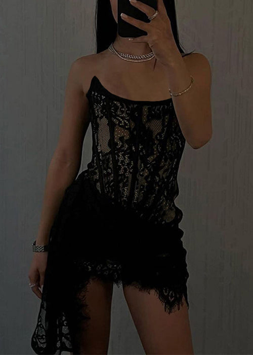 Black Strapless High Waist Lace Mini Dresses Asymmetrical Summer Yz036